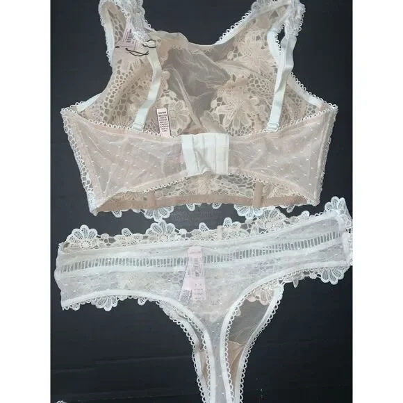 Victoria's Secret 34D BRA SET+36C CORSET+Thong BEIGE white embroidered APPLIQUE